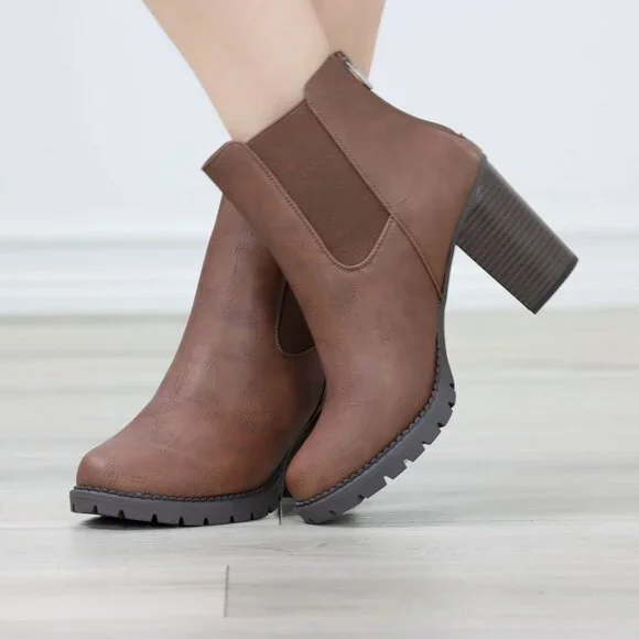 Womens Ankle Boots Lug Block Heel Brown Synthetic Leather Round Toe Elastic Gore - Picture 2 of 11